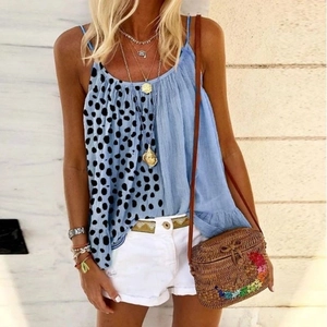 Blue and white patchwork summer camisole with large polka dots and ruffle detail