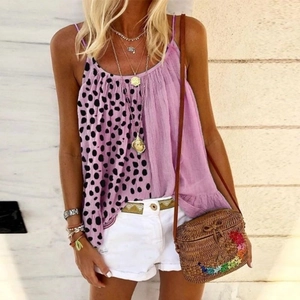 Women's summer strap top with leopard polka dot patchwork and bohemian ruffle detail