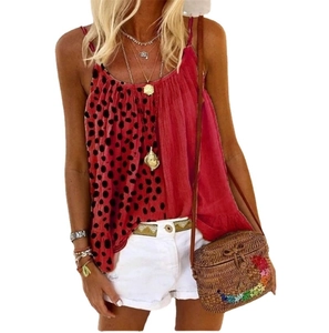 Red polka dot patchwork camisole top with ruffle detail for summer beach vacation
