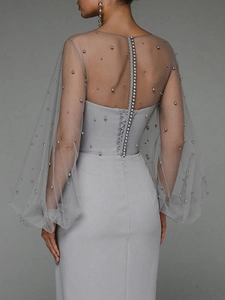 Detailed back view of grey mesh evening gown with pearl beads and corset lace-up