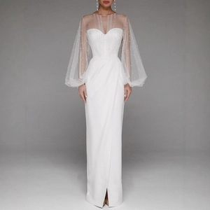 Women Artificial Pearl Mesh Lantern Sleeve Off Shoulder Maxi Dress Elegant Slit Bodycon Wedding Party Evening Formal Gown