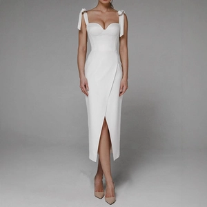 Abito Midi Elegante Da Donna Con Spalline Con Fiocco E Spacco Sexy Scollo A Cuore Schiena Scoperta Bodycon Polyester Abito Da Sera
