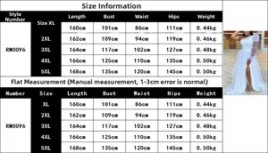 Size chart for women's white mesh dress showing XL to 5XL dimensions and weights