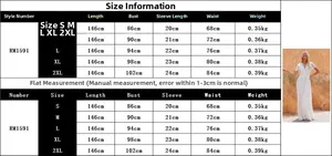 Detailed size guide table for V-neck white lace maxi dress from S to 2XL with measurements