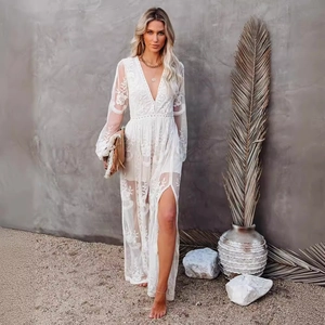 Elegantes Boho Spitze Maxi Kleid Damen Tiefer V-Ausschnitt Langarm Hoher Schlitz Blumenstickerei Urlaub Strand Partykleid