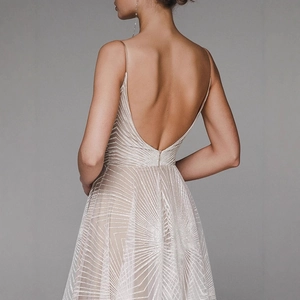 Elegant champagne open back long dress with silver geometric sequin embroidery