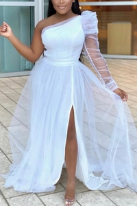 Elegant white one-shoulder tulle maxi dress featuring a high slit and ruched sleeve detail