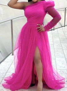 Detail of rose pink mesh evening dress featuring one-shoulder design and high leg slit