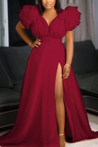 Elegant burgundy V-neck maxi mesh dress with ruffled shoulders and high side slit