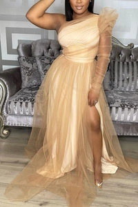 Detail of champagne gold one-shoulder mesh evening gown featuring side slit and pleated bodice