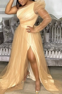 Elegant champagne mesh one-shoulder maxi dress with long puff sleeve and high slit