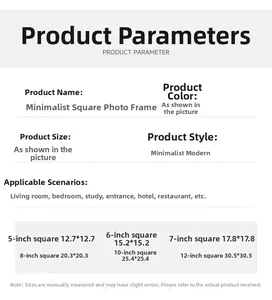 Size chart showing square photo frame dimensions from 5 to 12 inches for minimal home decor