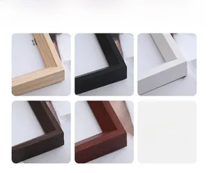 Detailed view of square wooden frame corners in oak, black, white, and walnut finishes