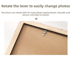 Detail of pine wood frame back with rotating metal clips for easy photo changes