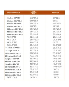 Detailed size chart for minimalist wooden photo frames including A3, A4, and large 30 inch sizes