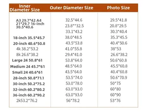 Size guide table for solid wood frames listing inner, outer and photo dimensions