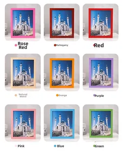 Grid display of colorful wooden picture frames in various vibrant finishes for home decor