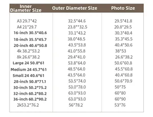 Detailed size chart for pine wood picture frames including A3, A4, 4K and 8K dimensions