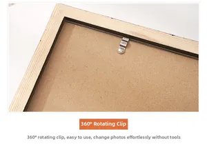 Detail of wooden picture frame back with 360-degree rotating metal clips for easy photo change