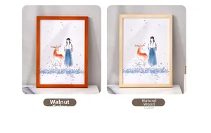 Close-up of solid pine wood picture frames in walnut and natural wood finishes