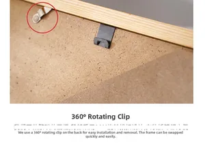 Close-up of wooden frame back featuring 360-degree rotating metal clips and hanging hook