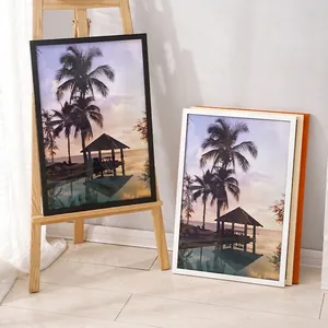Minimalist pine wood picture frame in various colors with coastal sunset artwork