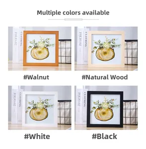 Square wooden picture frames in walnut, natural wood, white, and black finishes