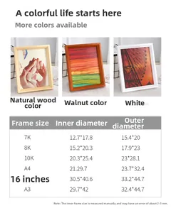 Detailed size chart for Nordic wooden photo frames showing inner and outer diameter dimensions