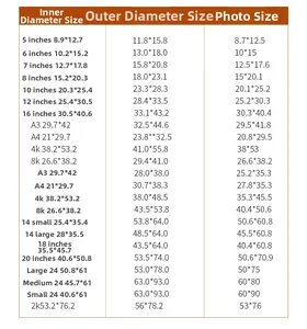 Detailed size chart for solid wood photo frames showing inner and outer dimensions