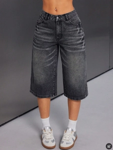 Women's High Waist Washed Grey Denim Shorts Leopard Cross Patch Loose Wide Leg Jorts Bermuda Streetwear Shorts