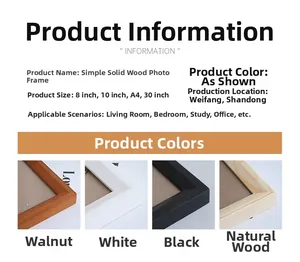 Detail view of solid wood picture frame showcasing walnut, white, black and natural finishes