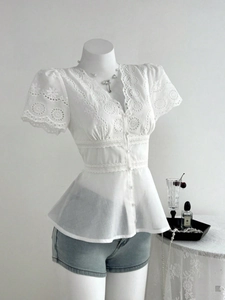 Camicetta Bianca da Donna con Scollo a V Manica Corta Ricamo Traforato Bordo in Pizzo Orlo a Peplo Misto Cotone Top Estivi
