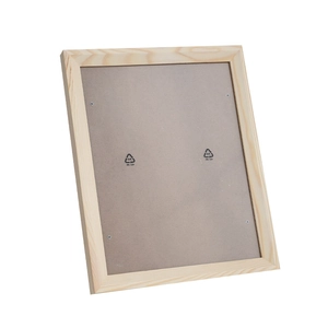 Minimalist wooden picture frame showing back structure with 04 PE-LD recycling logos
