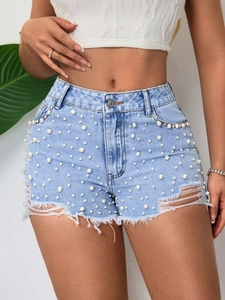 Pantaloncini di Denim a Vita Alta con Künstliche Perle e Strappi da Donna Bordo Sfilacciato con Strass Jeans Corti Casual Estivi