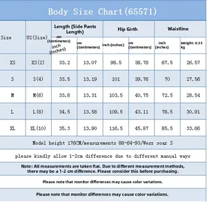 Detailed size chart for high waist denim shorts showing US sizes from XS to XL in cm and inches