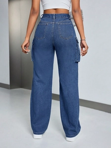 Women high-waisted dark blue cargo jeans with large side pockets and straight leg fit
