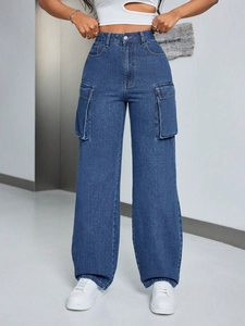 Women's high waist loose cargo jeans in dark blue denim featuring large flap side pockets