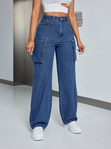 Women's high waist dark blue cargo jeans with wide leg and large side flap pockets