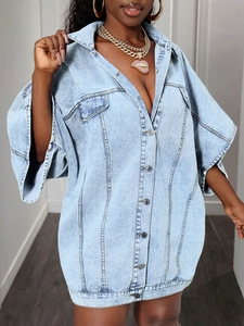 Women Oversized Washed Denim Shirt Dress Single Breasted Lapel Collar Batwing Sleeve Loose Streetwear Jean Mini Dress Outerwear