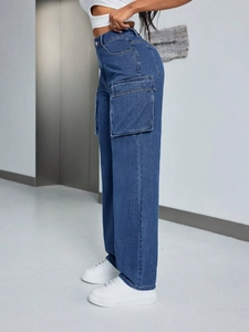 Deep blue high-waisted wide-leg denim cargo pants with large side flap pockets for women