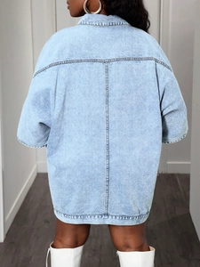Oversized light wash denim jacket with back seam detail and turn-down collar for women