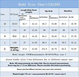 Detailed body size chart for slim fit stretch printed denim shorts in sizes XS to XL