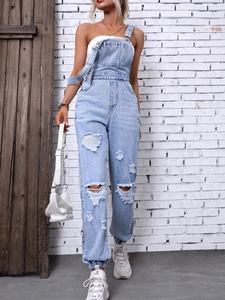 Women Casual Ripped Denim Overalls Light Blue Washed High Waist Straight Leg Jumpsuit Distressed Strap Sleeveless Romper