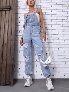 Distressed light blue denim overalls with shoulder straps and elastic cuffs for women