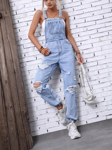 Women light blue washed denim overalls with distressed rip details and straight leg fit