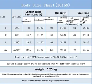 Women's casual denim shorts size guide with measurements for waist and hip in inches