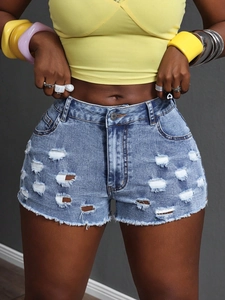 Women's Casual Ripped Denim Shorts High Waisted Distressed Frayed Hem Washed Light Blue Cotton Blend Jean Shorts For Summer