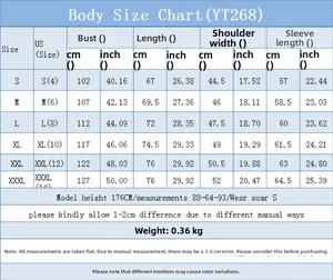 Body size chart for denim shirt jacket showing chest and length measurements S-XXXL