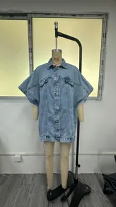 Detailed view of light blue washed denim vest with chest pockets and metal buttons