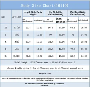 Detailed body size chart for women's denim shorts with measurements in cm and inches
